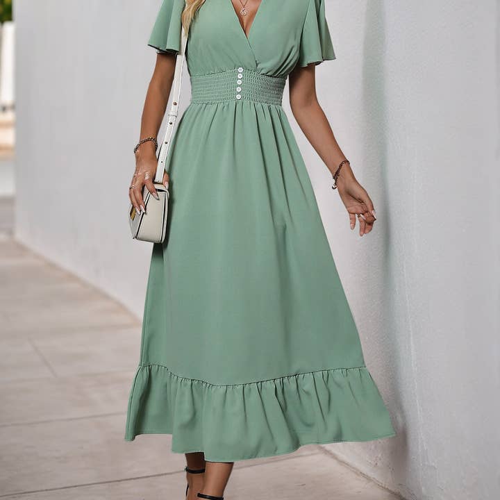 Green V Neck Flutter Sleeve Summer Midi Dress Casual Style for wholesale on Faire3
