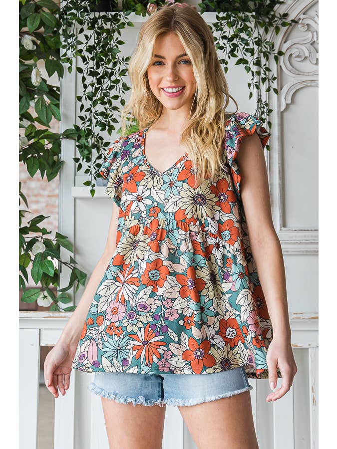 7th Ray - Vendita all'ingrosso Camicetta - Donna - Top a maniche svolazzanti con stampa floreale multicolore Baby Doll T516513