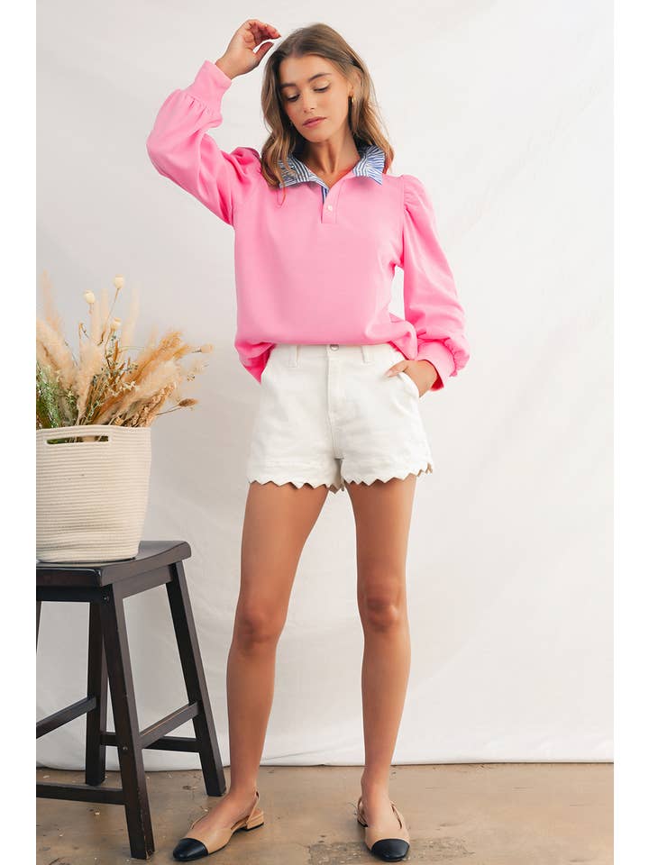 Aapparella - Wholesale Sweatshirt - Women's - Button Striped Collar Puff Sleeve Sweatshirt | S-XL 5