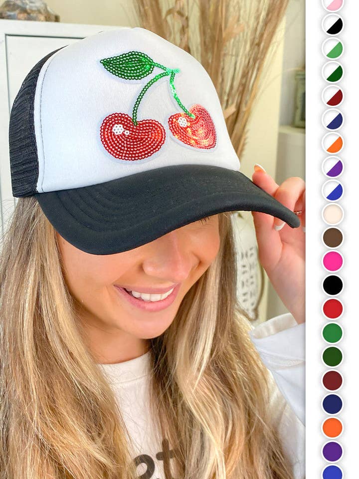Sequin Cherries Trucker Hat for wholesale by Sugar Stitch