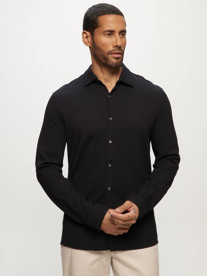 LS Pique Blend Knit Shirt in Midnight Navy for wholesale by Julian & Mark