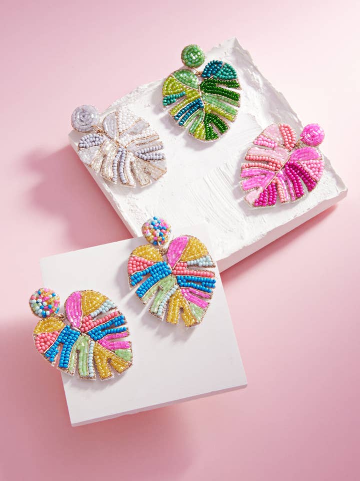 Monstera Shaped Mixed Beaded Summer Post Earrings for wholesale by Designature New York
