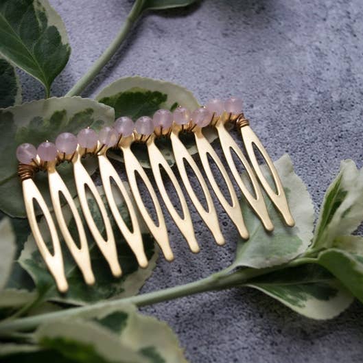 Rose Quartz gemstones Hair Comb Brass Barrette for wholesale by Miss Penny Lane
