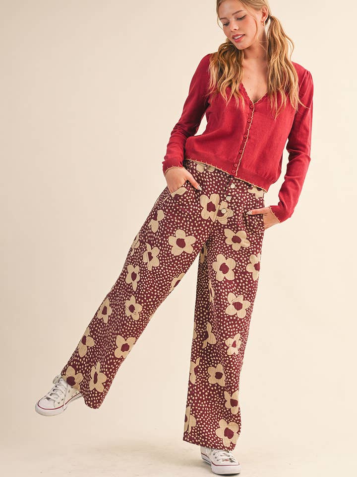 &MERCI - Wholesale Pants - Women's - FLORAL PRINT HIGH WAISTED PANTS MP421410