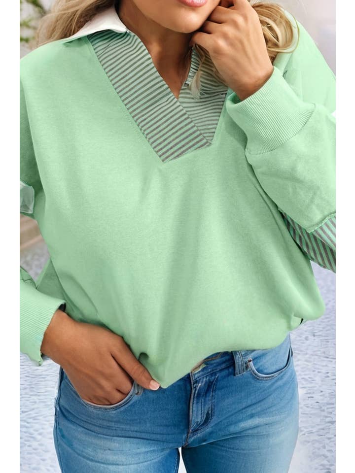 Moonlight Jade LDC Striped Patchwork Collar V Neck Plus Size Sweatshirt for wholesale on Faire1