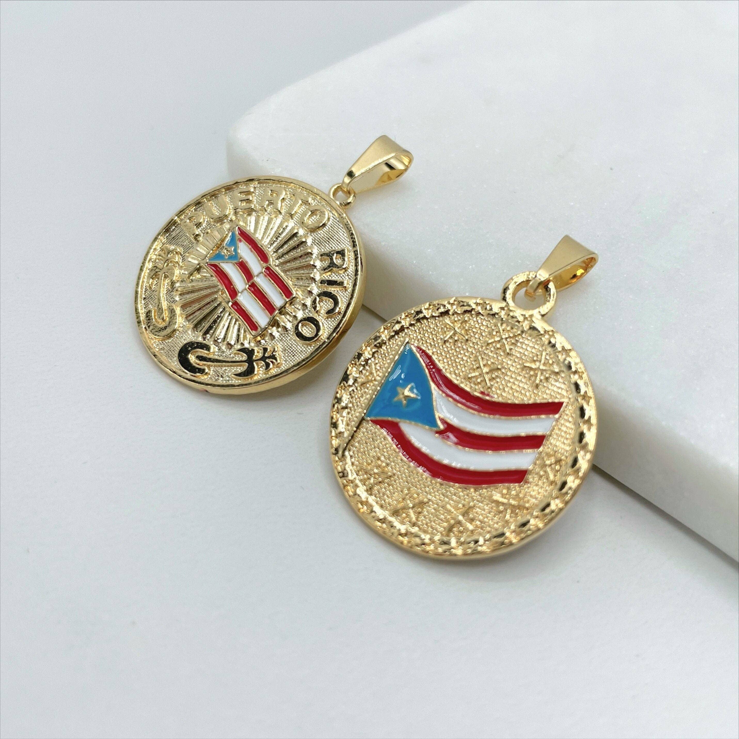 DIJU Jewelry - Wholesale Individual Charm/Pendant - 18k Gold Filled Texturized Puerto Rico Colored Medal Flag Pendant Charms, Flag with Name or Flag with Stars, Wholesale Jewelry Supplies2