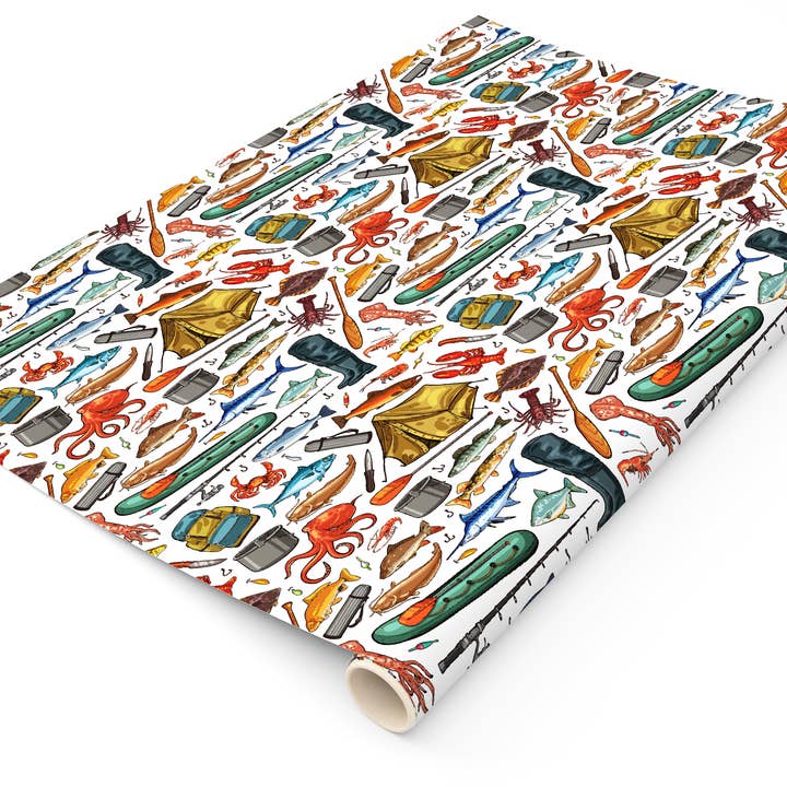 Stesha Wrapt – Großhandel Geschenkpapier in Bögen – Geschenkpapier für Outdoor-Abenteuer zum Angeln und Campen