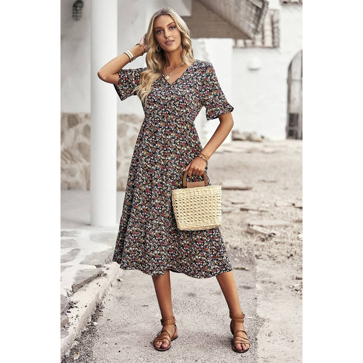 Supreme Fashion – wholesale Dress – Women's – Boho Floral Ruffle Hem V Neck Short Sleeve Dress7