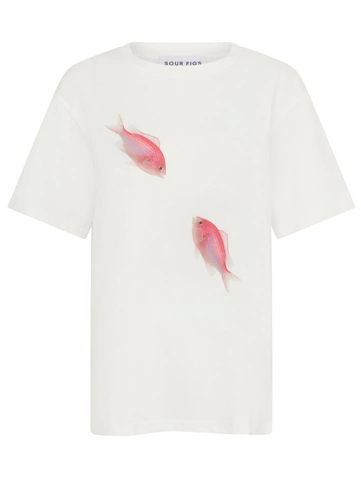 T-shirt unisex rosa con stampa Maomao Fish Duo in bianco per la vendita all'ingrosso da parte di SOUR FIGS LONDON