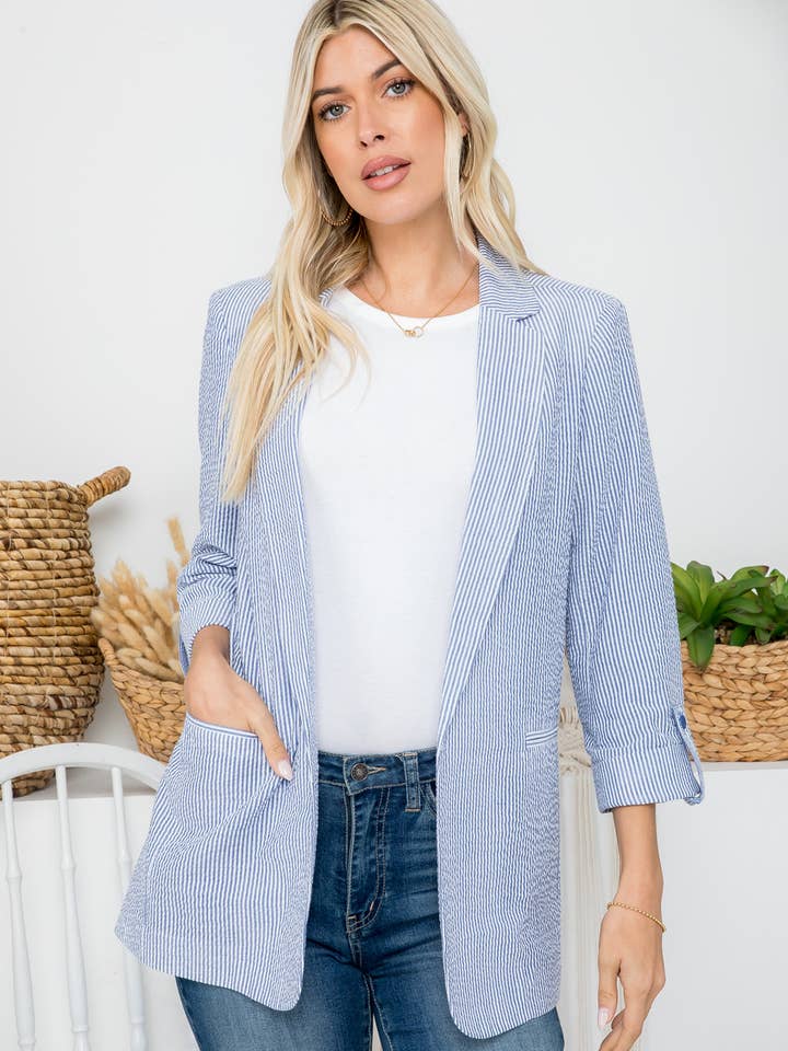 Seersucker Stripe Open Front Blazer for wholesale by 26 International