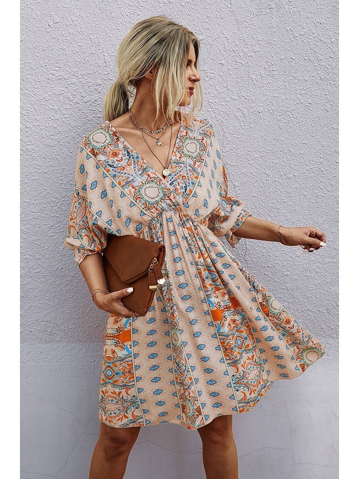 Supreme Fashion - Wholesale Dress - Women's - Boho Print Wrap Neck Tie Back Pleated Hem Dress
