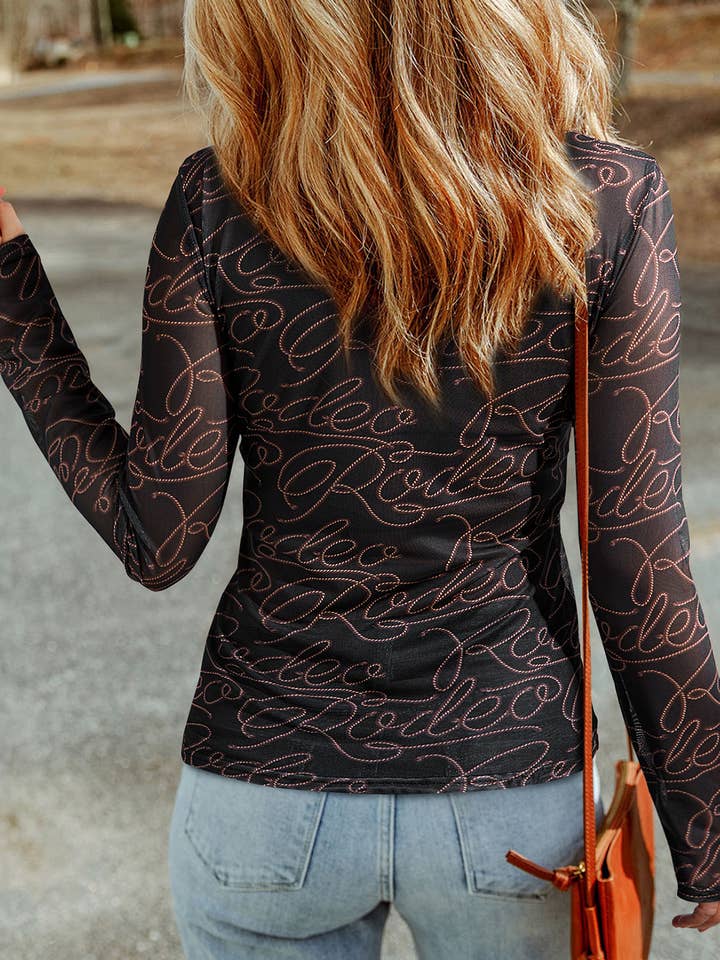 Black Western Rodeo Printed Mock Neck Long Sleeve Mesh Top for wholesale on Faire4