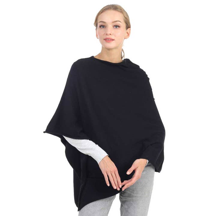 SERENITA - Wholesale Poncho - Women's - Bias Solid Fine Knit Woven Poncho Wrap Dimond Draping