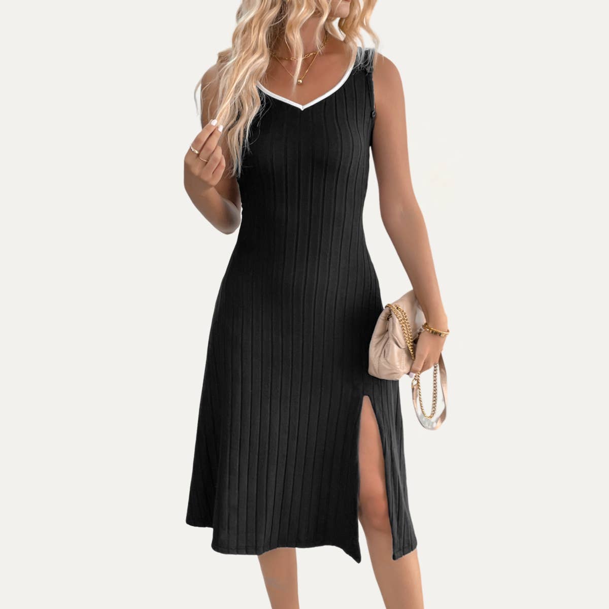 Schwarz Einzigartiges schwarzes Rippstrick-Midikleid mit abnehmbaren Ärmeln und V-Ausschnitt für den Großhandel auf Faire7