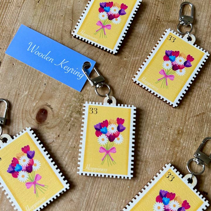 Happiness Wooden Stamp keyring for wholesale by Bird Stamp Designs