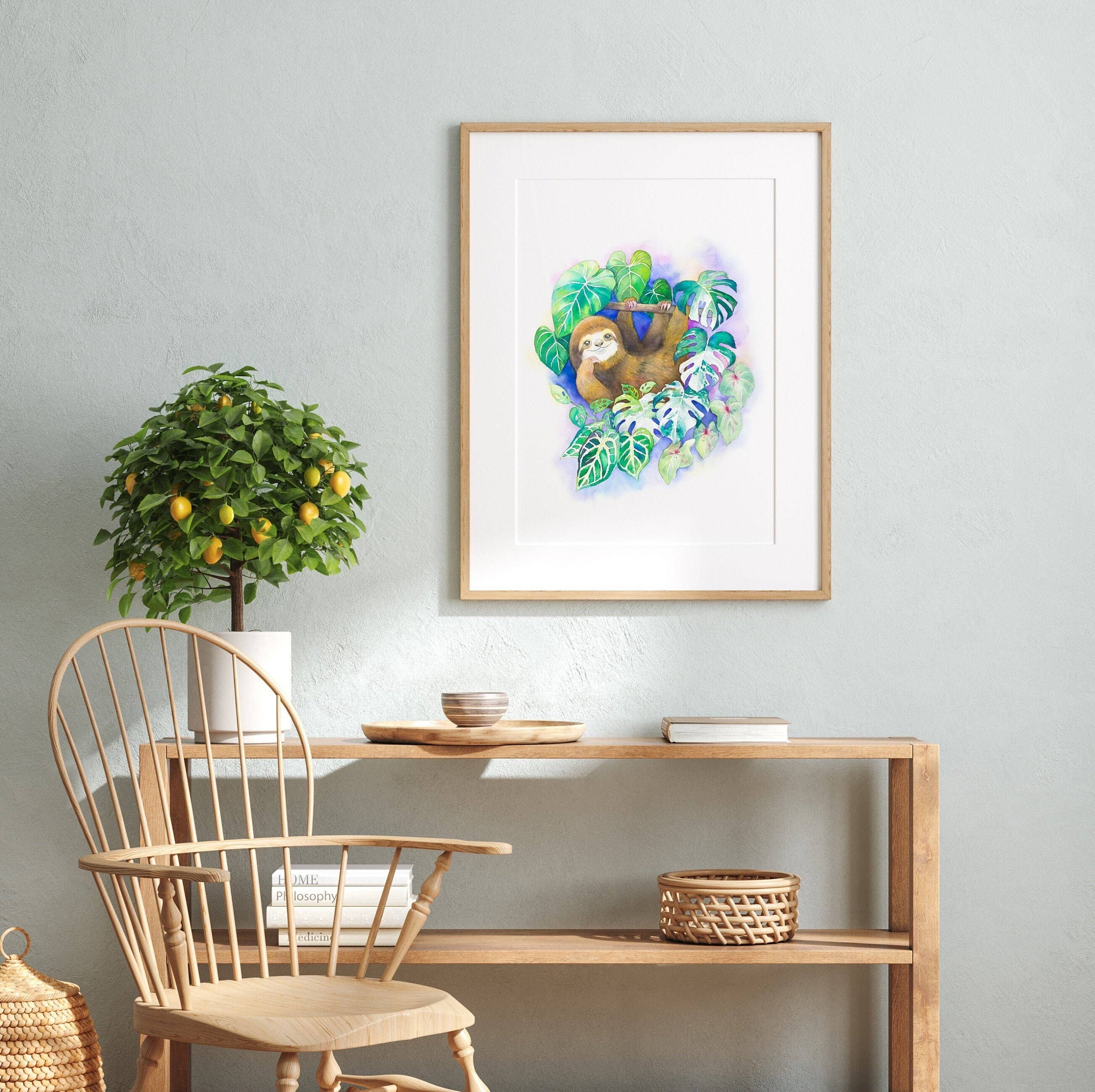 Watercolour By Cat - Vente Affiche d'art - Paresseux dans la forêt tropicale//Impression d'art aquarelle//Art mural2