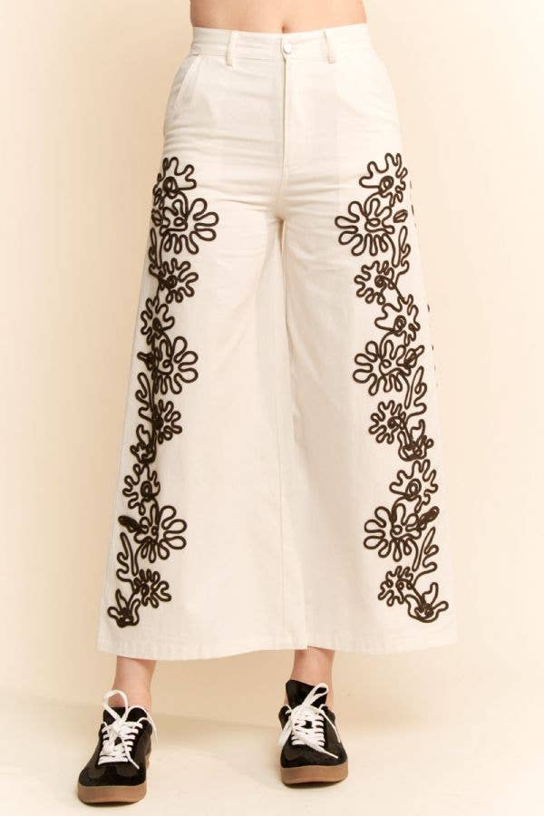 LINEN CORD FLORAL EMBROIDERED SIDE ELASTIC BACK PANTS for wholesale on Faire2