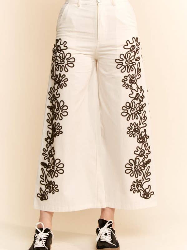 LINEN CORD FLORAL EMBROIDERED SIDE ELASTIC BACK PANTS for wholesale on Faire2