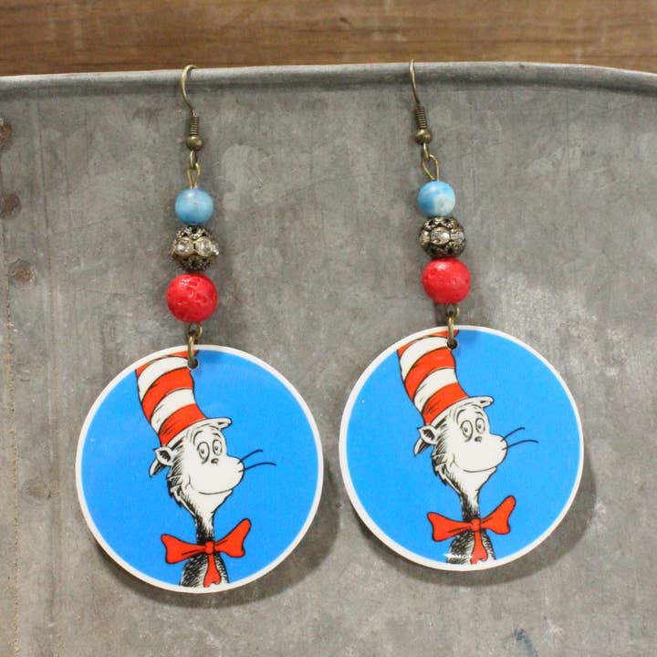 Boucles d'oreilles pendantes Le Chat chapeauté Dr. Seuss pour la vente par The Primitive Peddler, Inc.