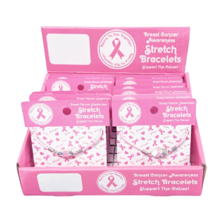 Pink Ribbon Stretch Bracelet Counter Display (12 Cards) for wholesale by The Awareness Company