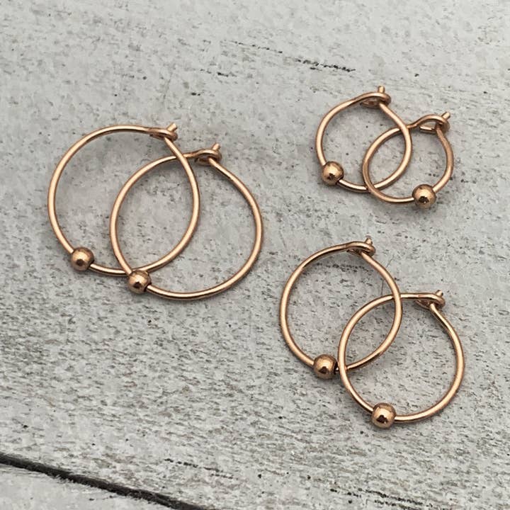 14k Rose Gold Fill Tiny Hoop Earrings with Ball Bead - Minimalist Everyday 24-7 Hoop Earrings for wholesale by Sunlight Silver Jewelry