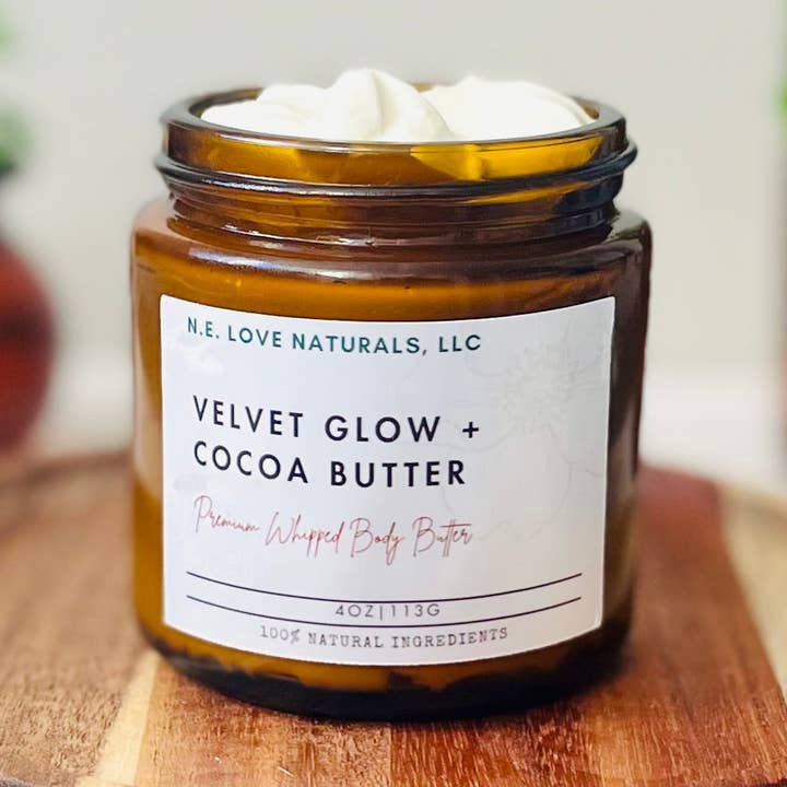 Velvet Glow Cocoa Body Butter | Deep Moisture & Silky Skin | Amber Glass Jar for wholesale by N. E. Love Naturals, LLC