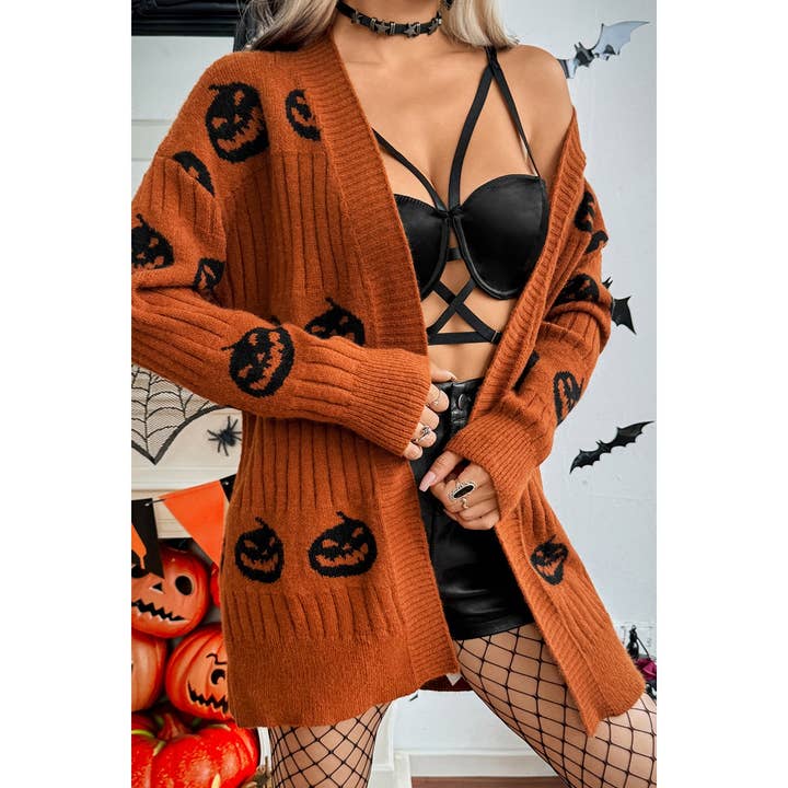 COFFEE Pumpkin Print Open Front Long Sleeve Cardigan for wholesale on Faire