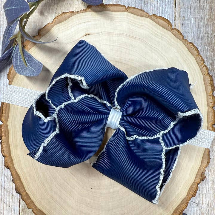 The Hair Bow Company - Wholesale Fashion Headband - Women's - Navy with White Moonstitch Bow Headband0
