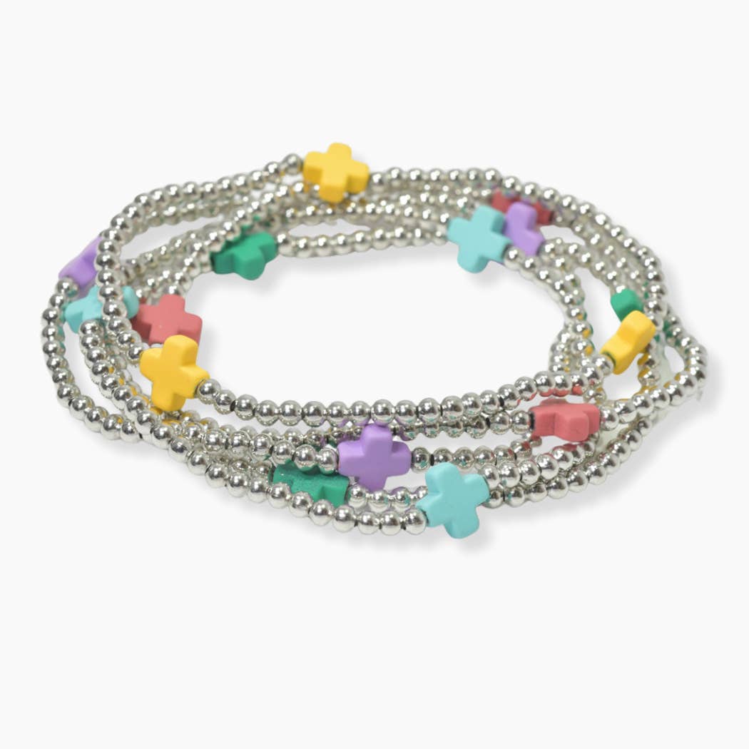 SOPHIA WHOLESALE - Wholesale Beaded Bracelet - Multi layered gold bead stretch bracelet with cross accent n16