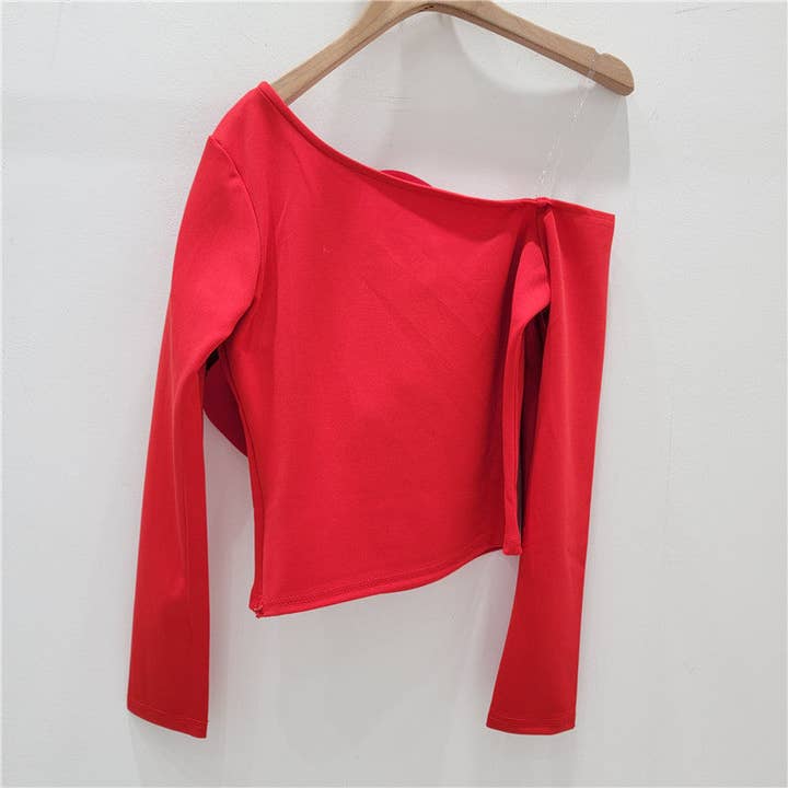 Sanyao Fashion - Wholesale Blouse - Women's - M195 One-Shoulder Floral Slim Fit Long Sleeve Fashion Top7