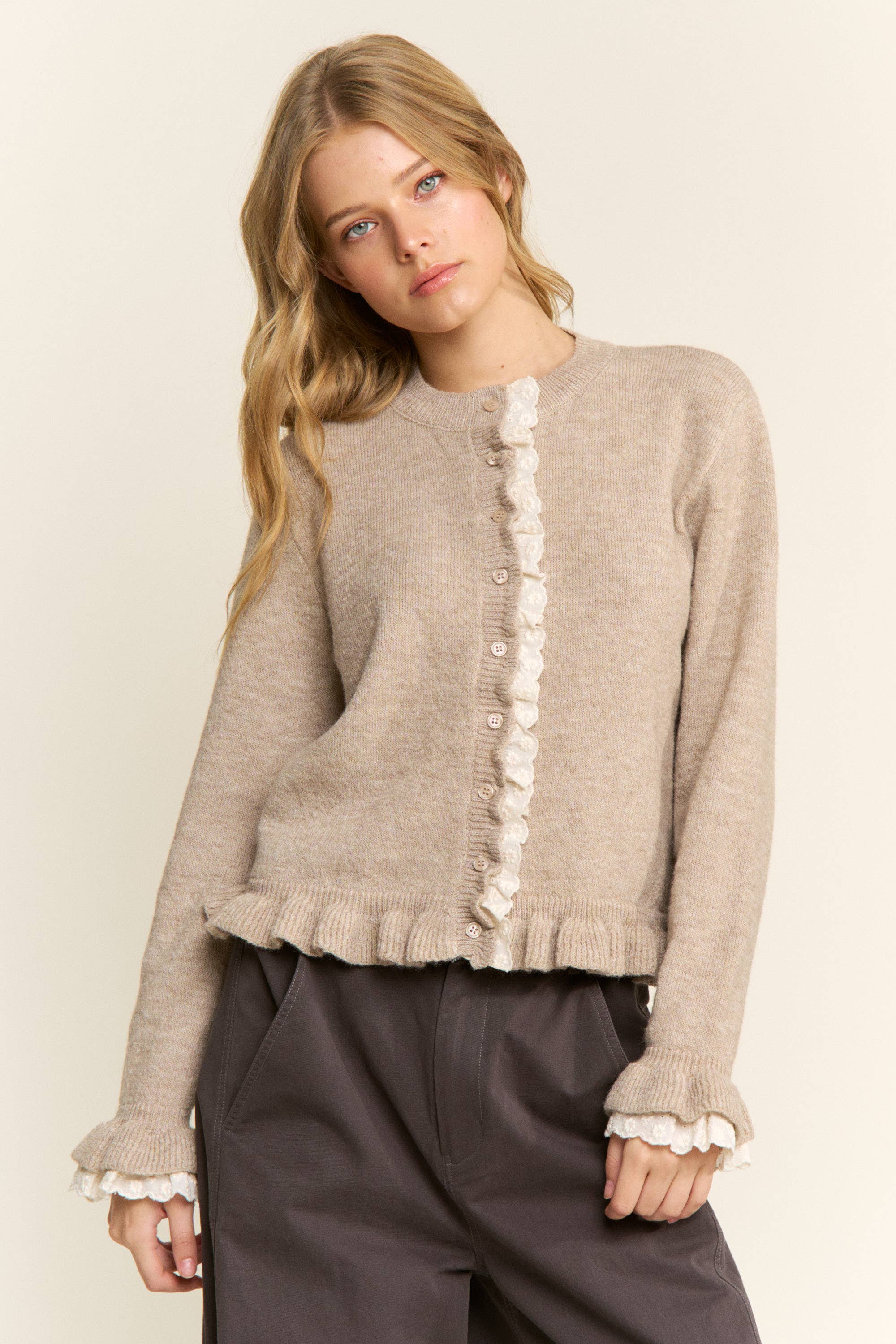 CANDESCENT - Wholesale Cardigan - Women's - Lace Trim Ruffle Hem Cardigan7