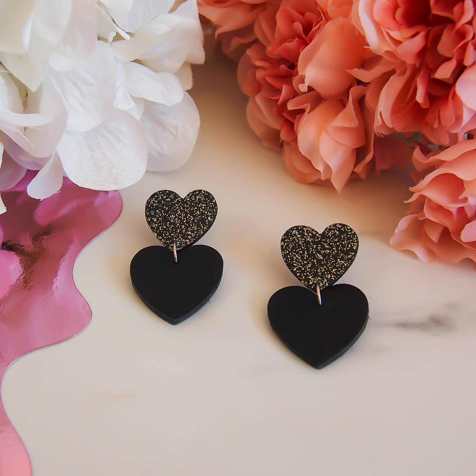 Manali - Wholesale Dangle Earrings - Black leather double heart earrings