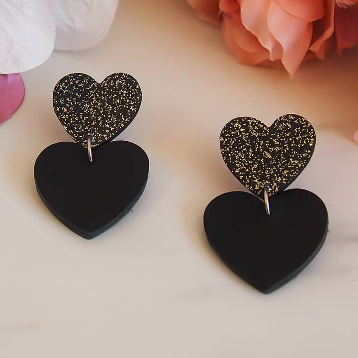 Manali - Wholesale Dangle Earrings - Black leather double heart earrings0