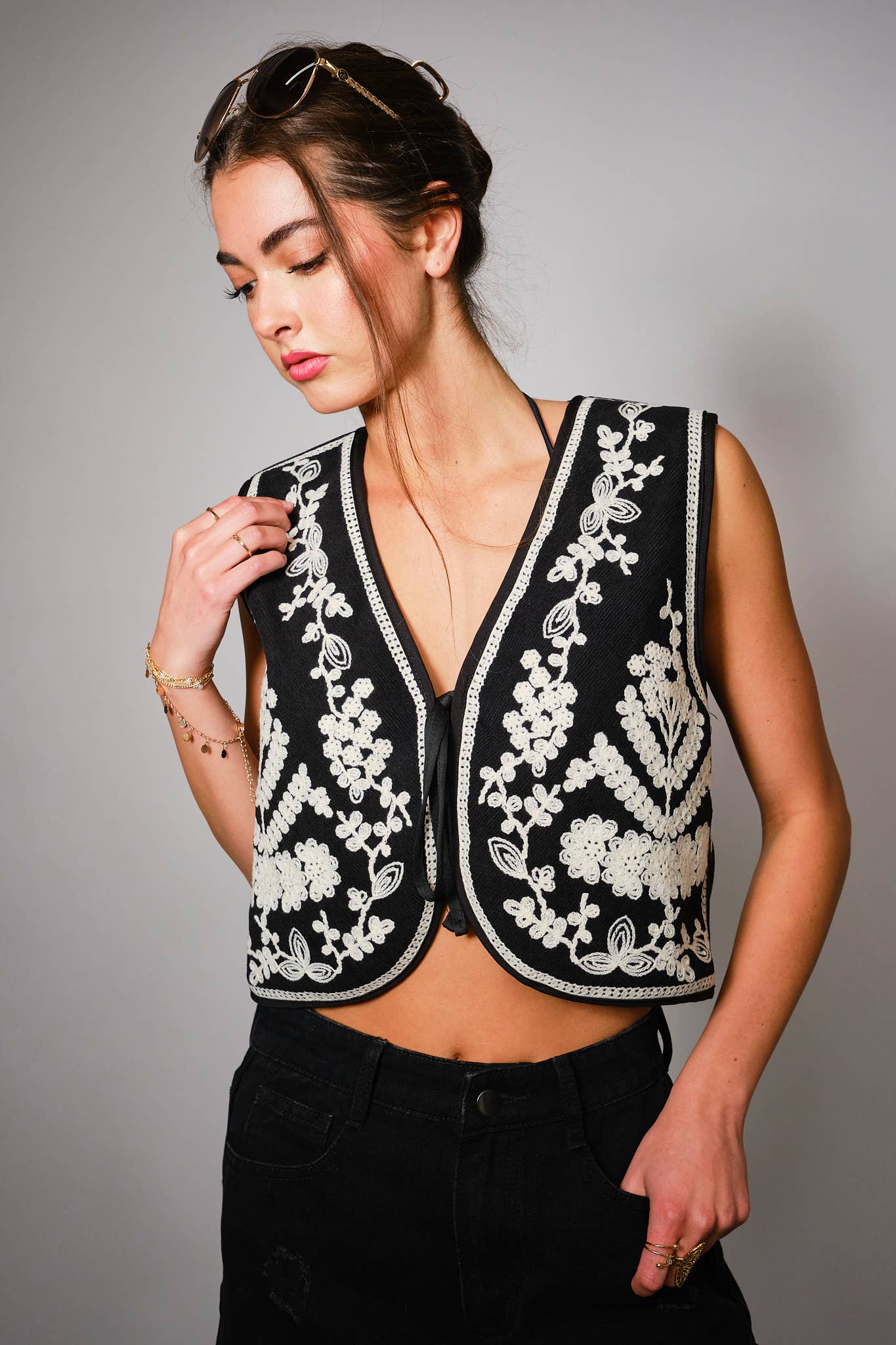 BLACK 33106J - Embroidered Ribbon Tie Crop Vest for wholesale on Faire1