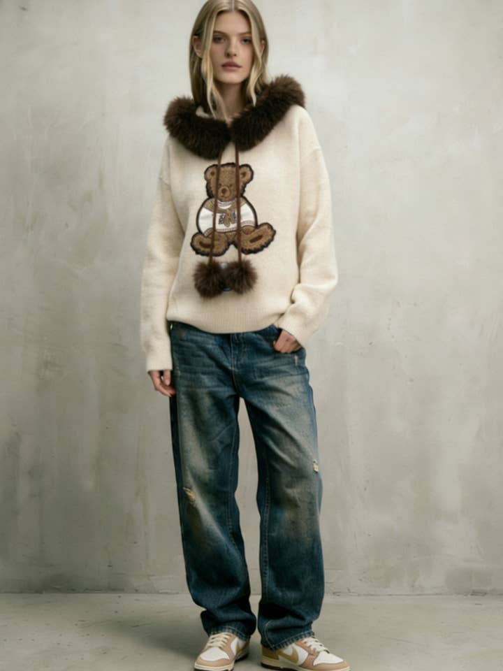 Faux fur hoodie sweaters with attached teddy bear for wholesale by Chilli Girl Collection