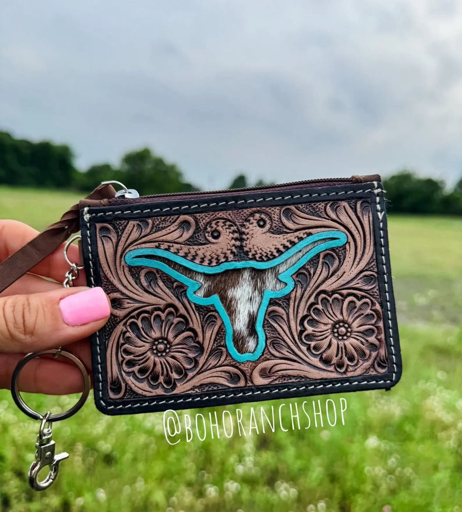 Boho Ranch Shop - Wholesale Wallet - Women's - Western Cowhide Leather Keychain Wallet Longhorn Thunderbird0