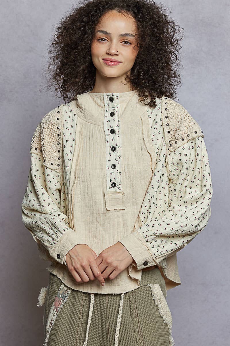 Pol Clothing - Vente Sweat à capuche – femme - Haut à capuche à manches longues avec col montant en double gaze et clous contrastants0