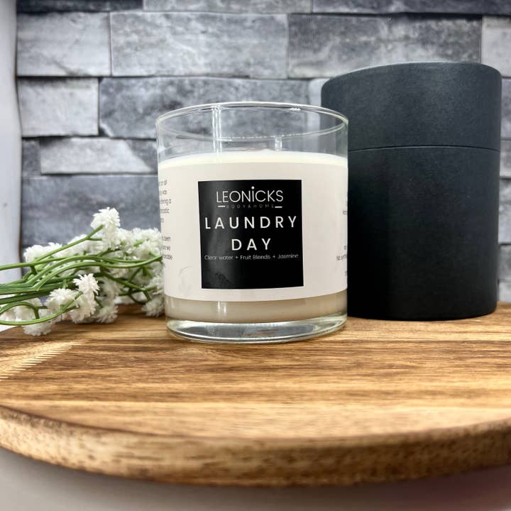Laundry Day Wood Wick Candles for wholesale by Leonicks LLC