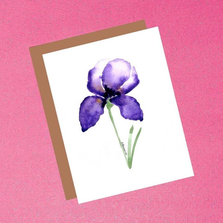 Tarjeta de felicitación flor acuarela iris púrpura para venta al por mayor de Tiffany Ascensio Designs | Watercolor Greeting Cards