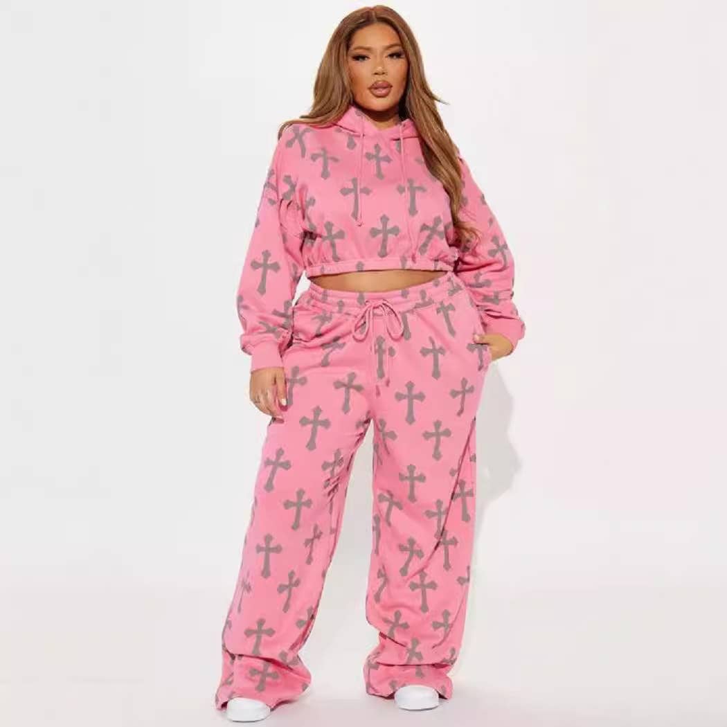 Women's Peach Pink Cross Print Sweatshirt and Pants Set for wholesale on Faire1