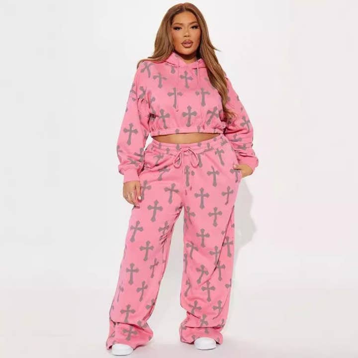 Women's Peach Pink Cross Print Sweatshirt and Pants Set for wholesale on Faire1