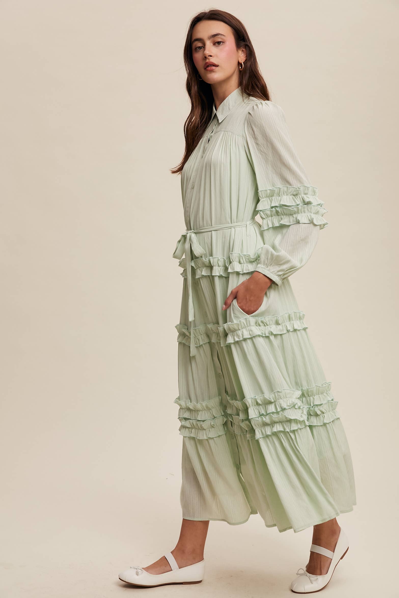 Listicle - Wholesale Dress - Women's - Ruffled Belted Maxi Shirt Dress LD149614