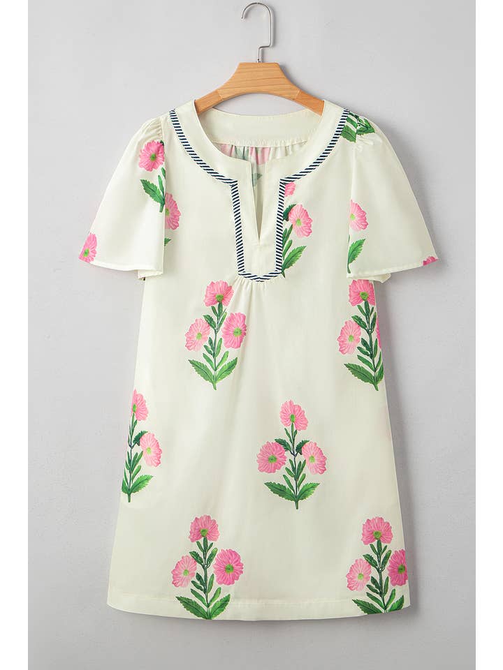 Aapparella - Wholesale Dress - Women's - Floral Print Short Sleeve Split Neck Mini Dress | S-XL