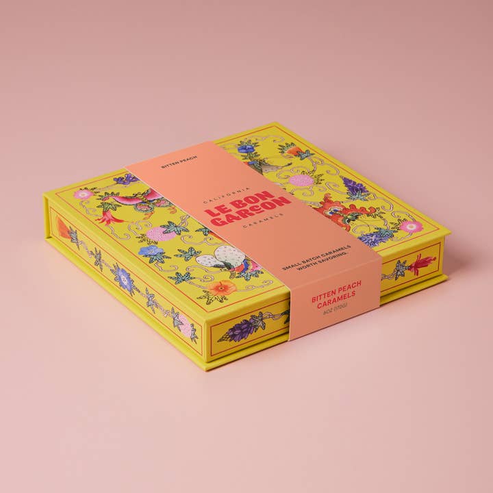 Le Bon Garcon - Caramels - Wholesale Caramel - Bitten Peach Caramels, Yellow Floral Gift Box, 6 oz0