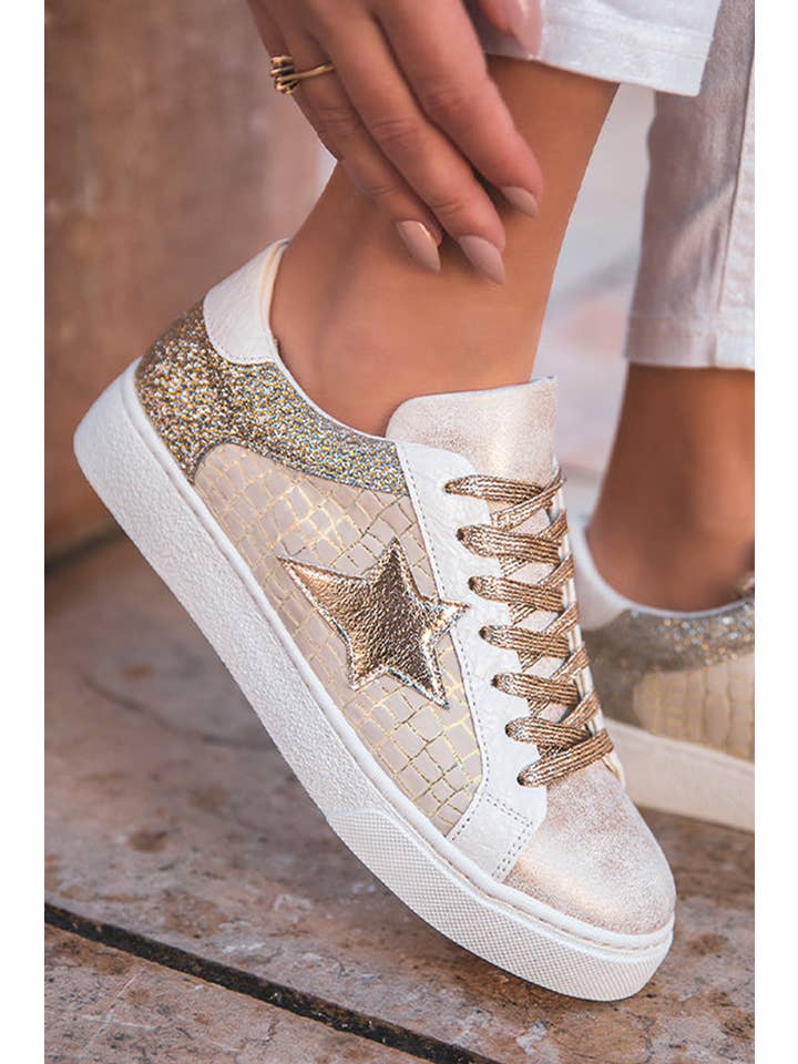 Gold LDC Glitter Star Patchwork PU Leather Lace-up Sneakers for wholesale on Faire