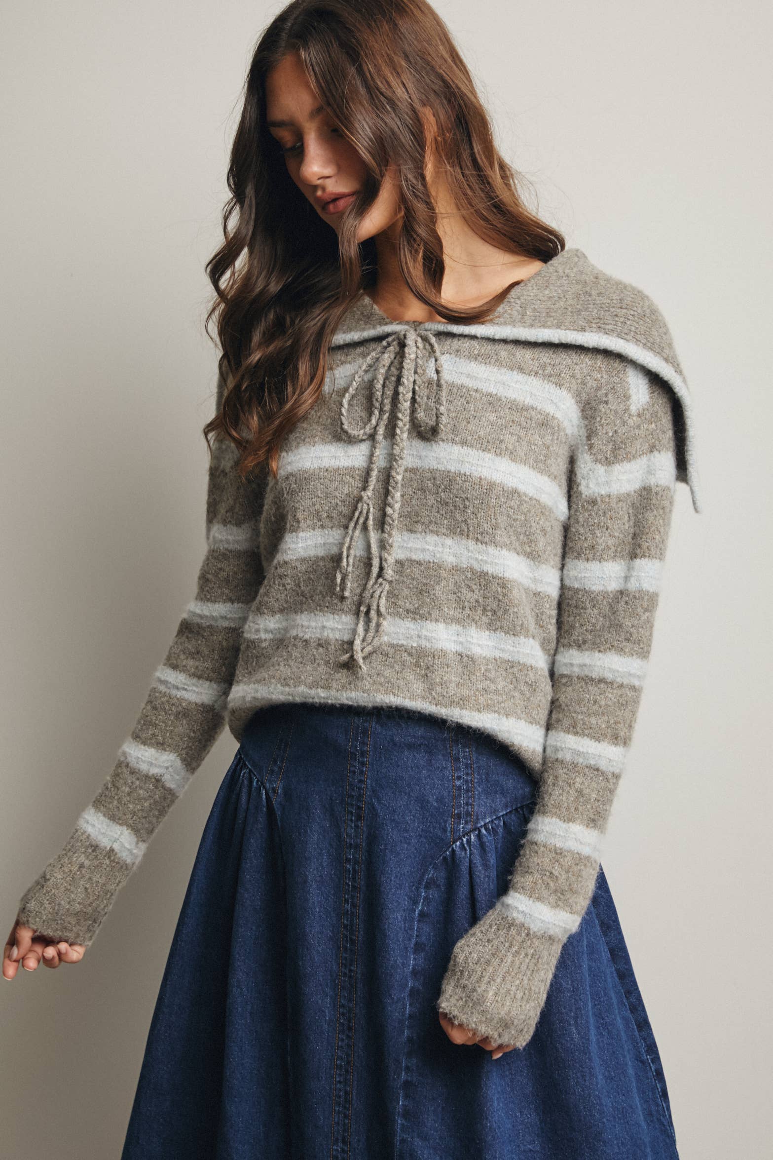 Forte - Vendita all'ingrosso Maglione tricot - Donna - Maglione a Maglia con Colletto da Marinaio a Righe FSW001225