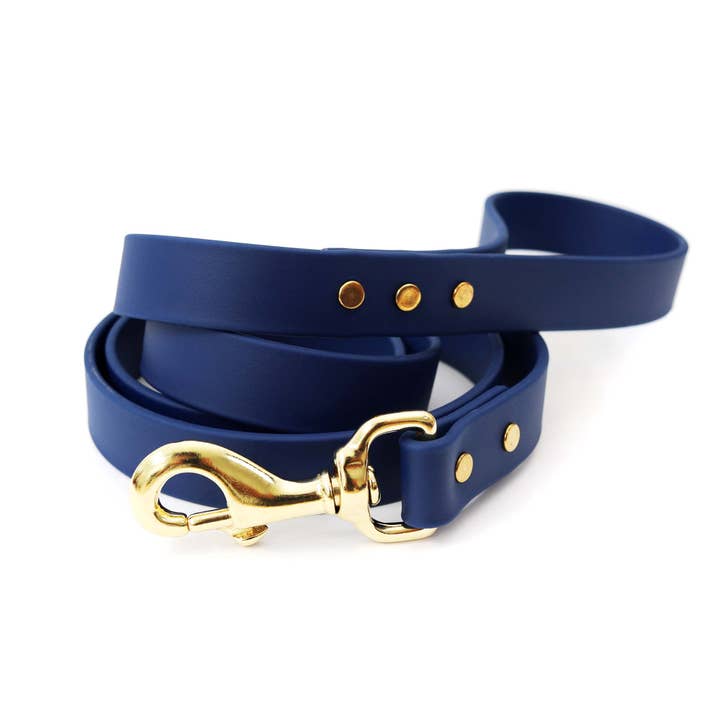 Navy Blue Waterproof Leather Alt Biothane Dog Leash for wholesale by Mimi Green