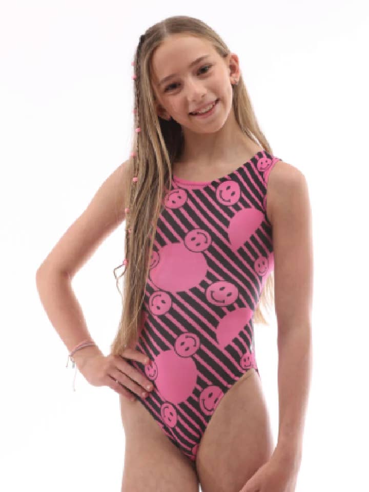 No Worries Smiley Face Gymnastics Leotard - Fun, Comfortable & Made in USA! for wholesale by Foxy's Leotards