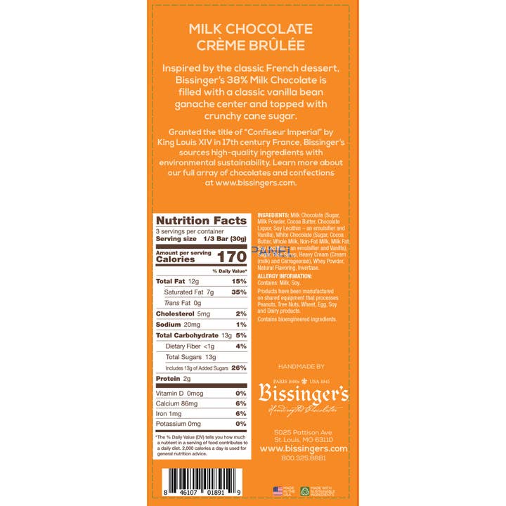 Bissinger's - Wholesale Chocolate Bar - Bissinger's Milk Chocolate Creme Brulee Bar 3 OZ2