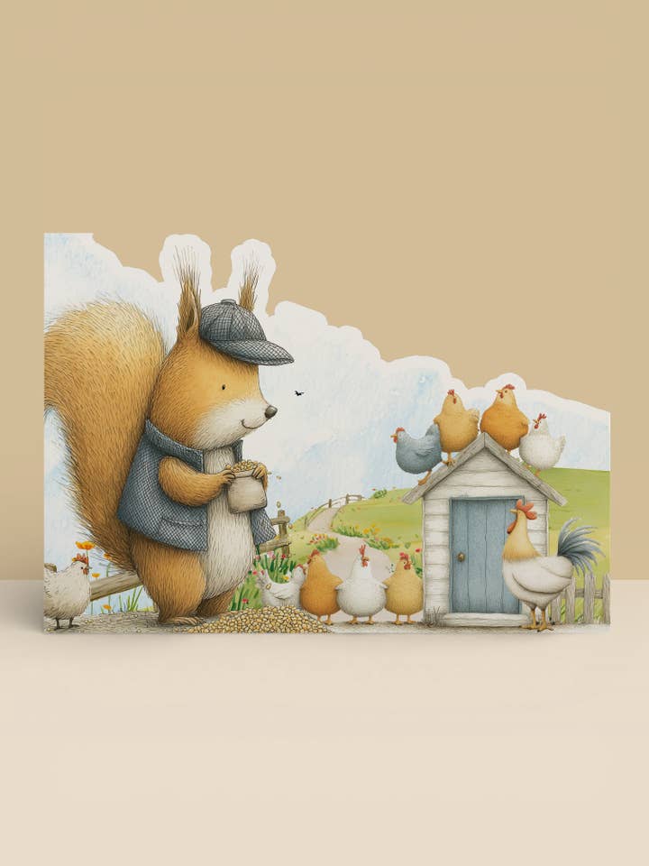 Farm Greeting Card, Die-cut: 'Squirrel and Chickens' for wholesale by Under the Oak Tree